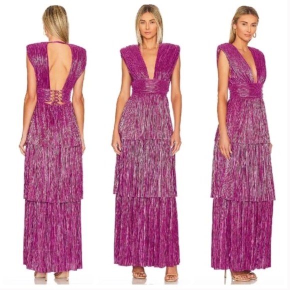 Sabina Musayev Judith Pink Purple Tiered Gown Metallic Maxi Dress - Size SMALL - Picture 1 of 11